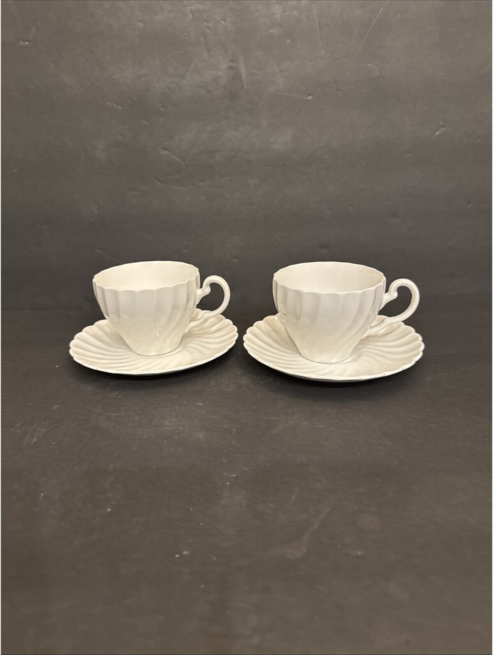Vintage Johnson Brothers (2) Snowhite Regency Swirl All White Cups & Saucers